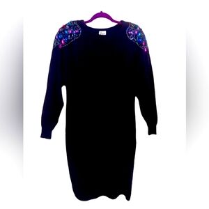 Black Sweater Dress Embellished with Colorful Rhinestones Size Medium